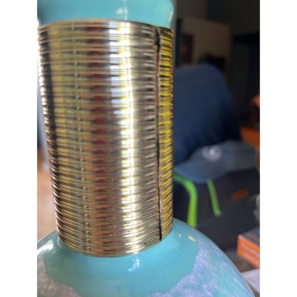 Vintage MCM Seafoam Green Drip Glaze Ceramic Decanter Vase Gold Foil Thread Neck - Picture 3 of 7